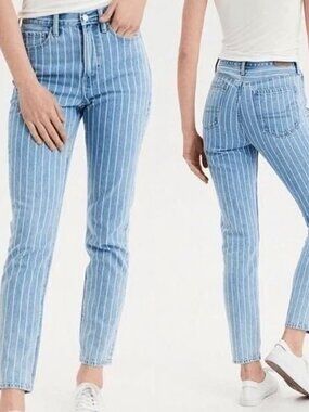 American Eagle Blue Indigo White Striped Retro Mom Jeans Size 0